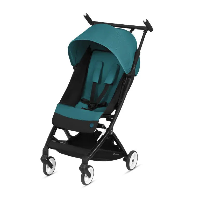 Cybex Libelle Stroller in teal with unfolded canopy over padded teal seat, black frame and white wheels
