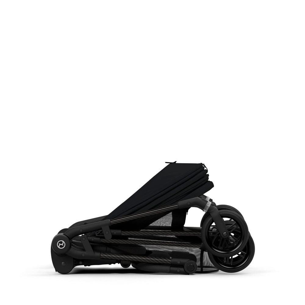 CYBEX Melio Carbon 3 stroller, ultra-lightweight folded black with carbon fiber frame.