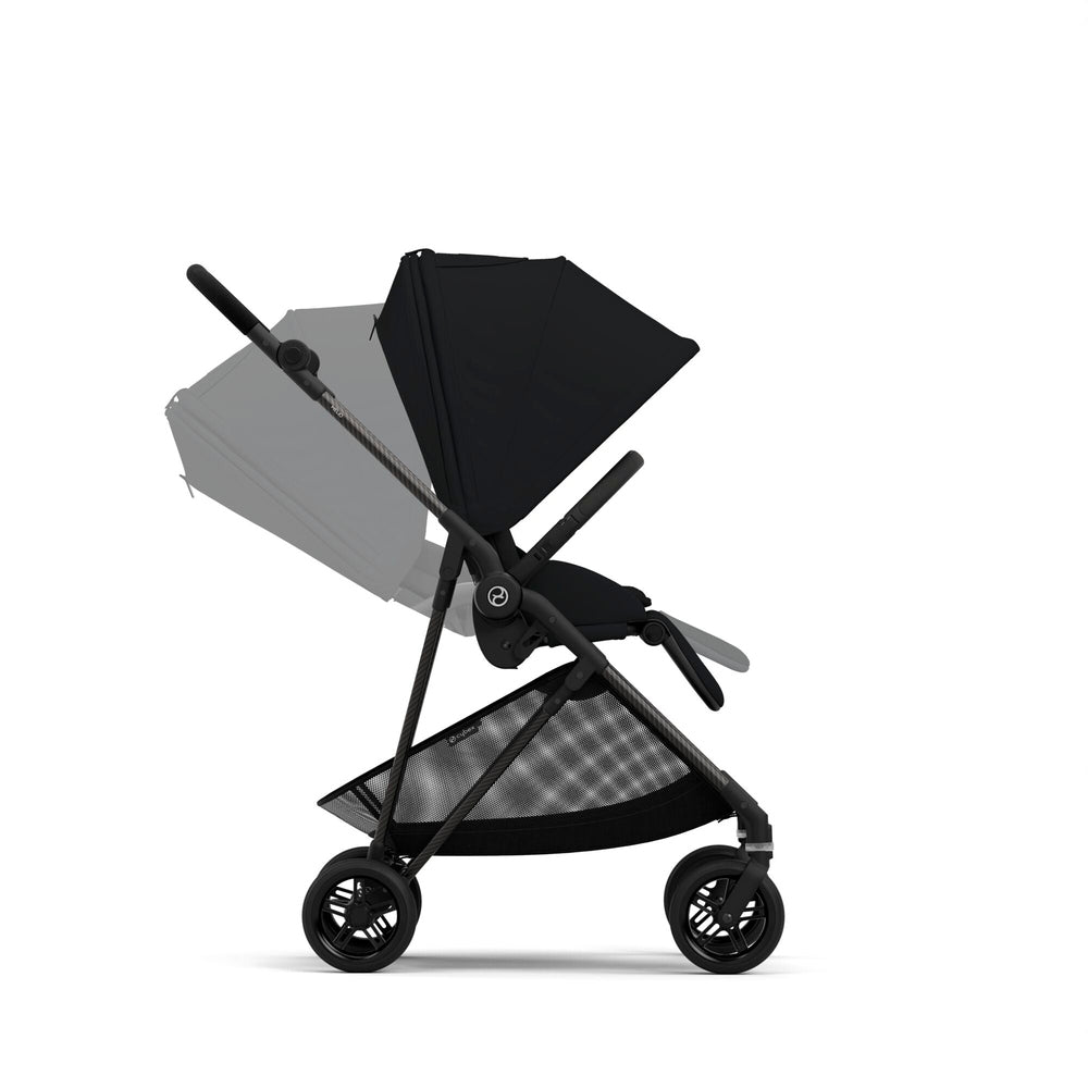 Cybex Melio Carbon 3 ultralight stroller in black with canopy, carbon frame, and mesh storage basket