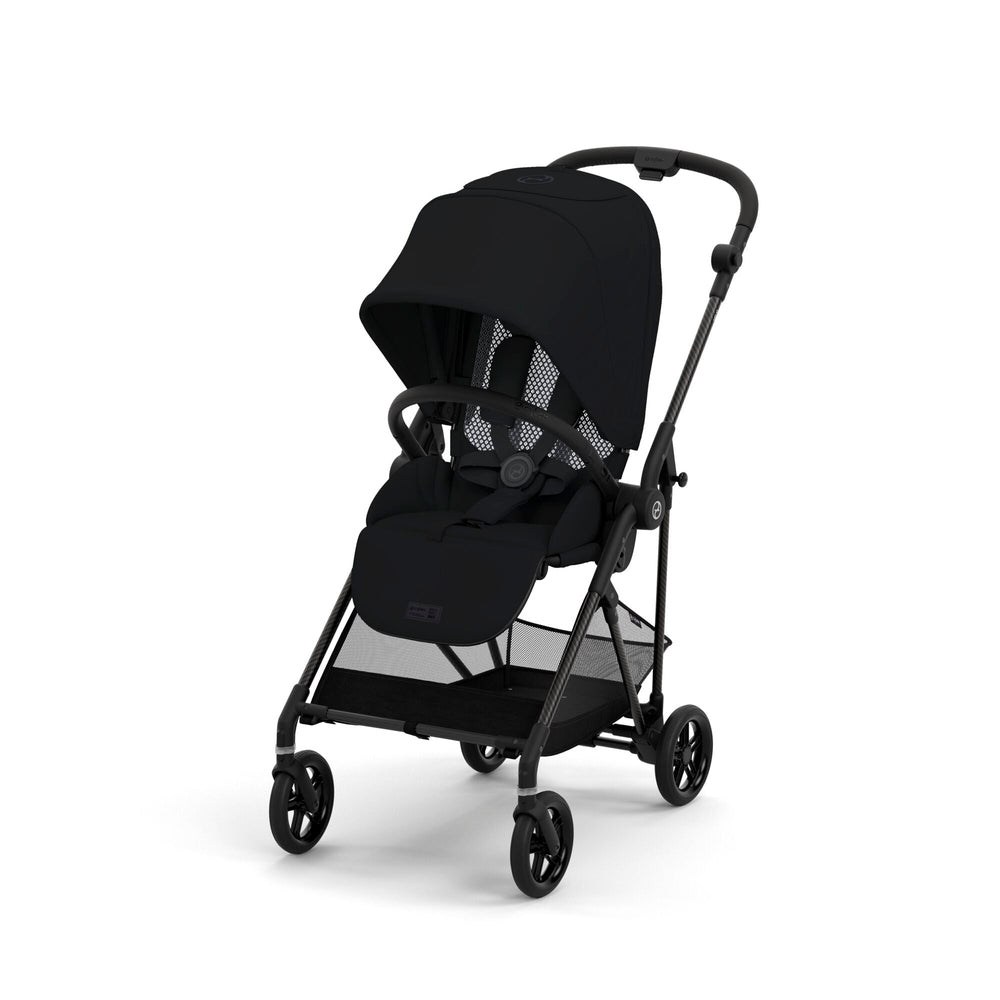 CYBEX Melio Carbon 3 ultra-lightweight stroller in black with carbon-fiber frame and mesh seat
