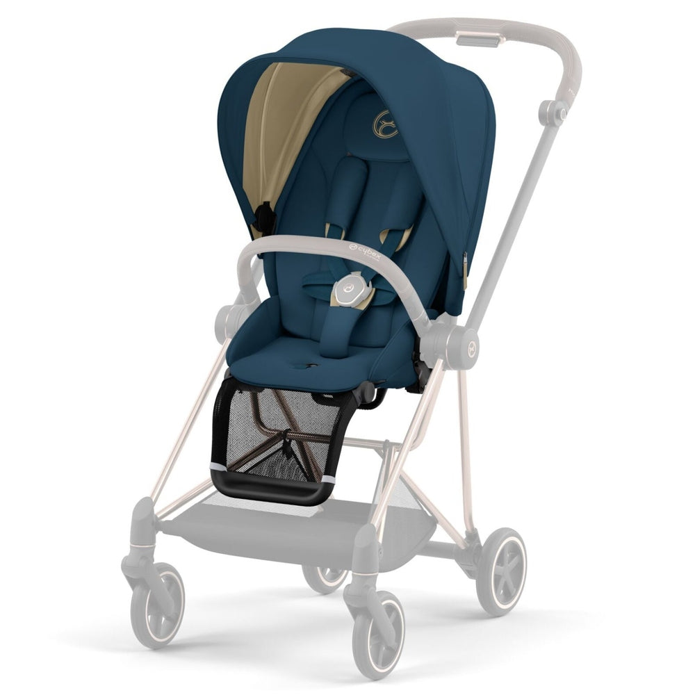 Cybex Mios 3 Seat Pack stroller in blue with beige interior and gray frame.