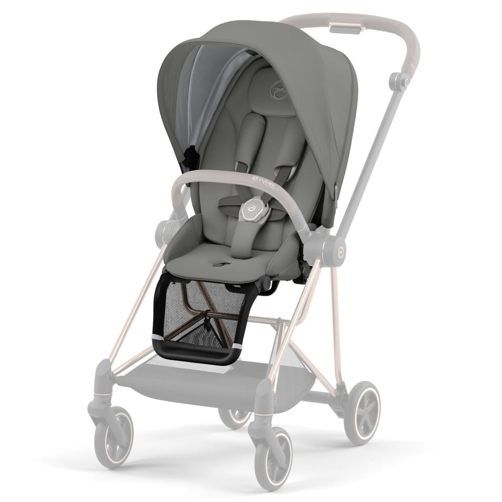 Cybex Mios 3 Seat Pack stroller in gray with canopy, padded seating, and mesh storage basket