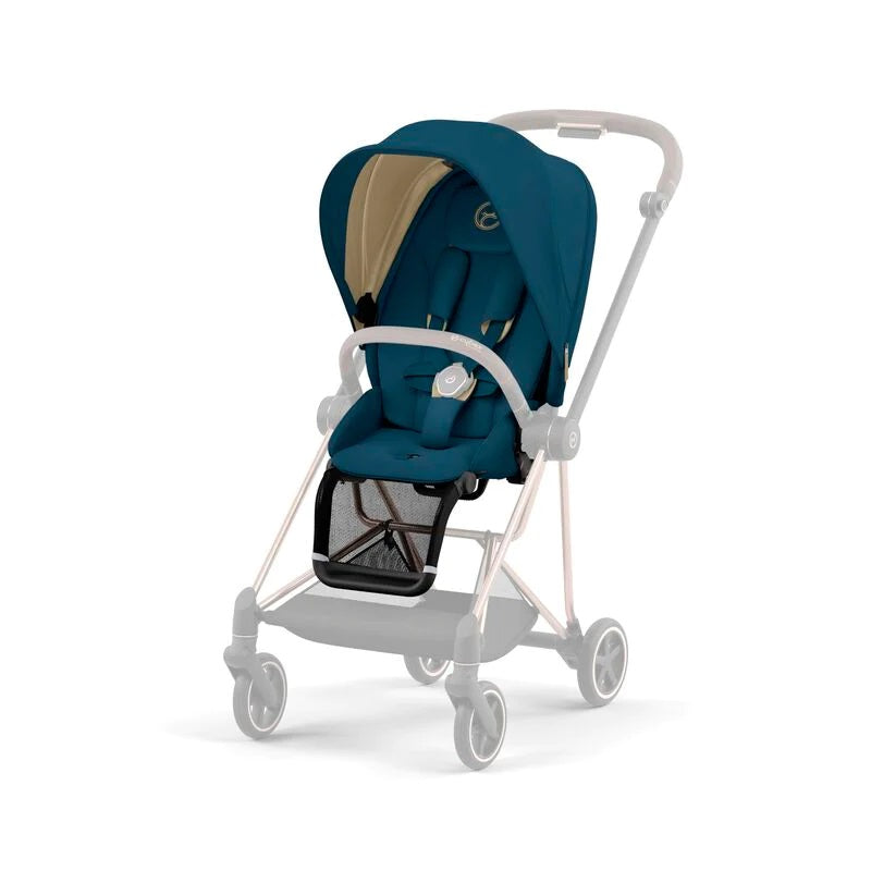 Cybex Mios 3 Seat Pack stroller in teal with beige canopy and white frame