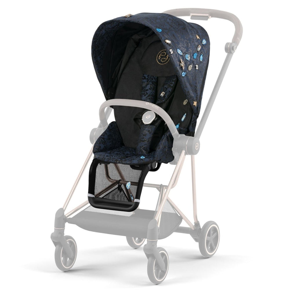 Cybex Mios 3 Seat Pack stroller in dark navy fabric with decorative pins and grey frame