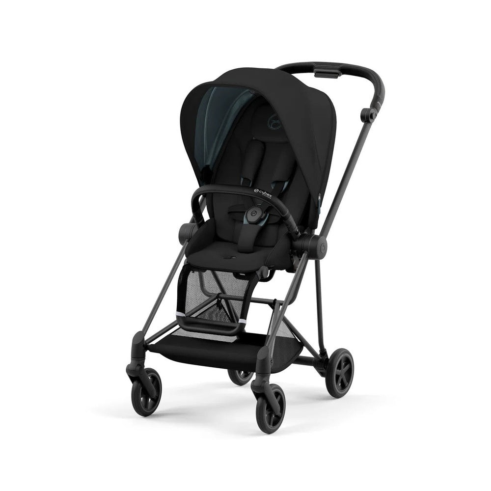 Cybex Mios 3 Stroller in black with extended canopy and lower mesh storage, four wheels.