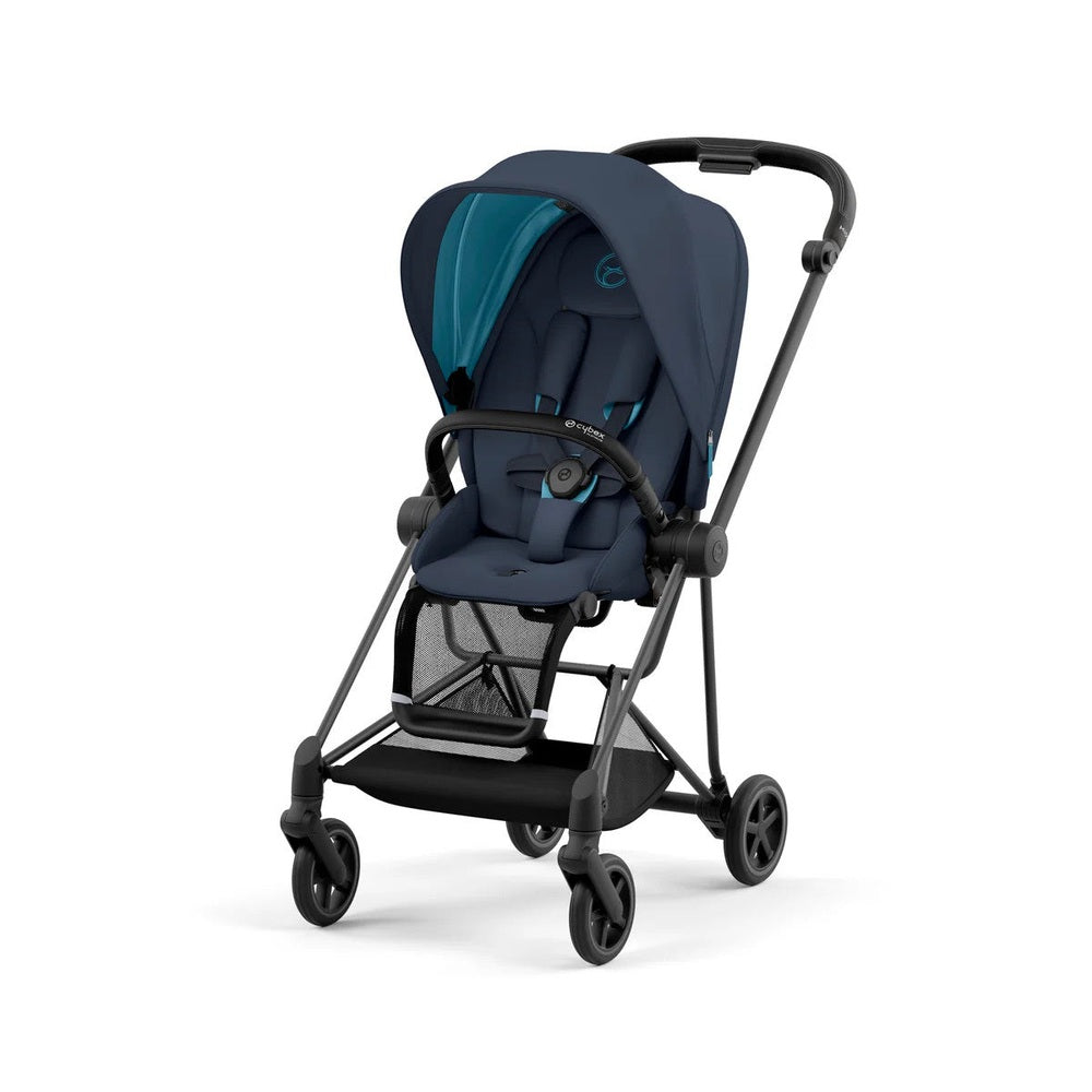 Cybex Mios 3 Stroller in navy blue with teal canopy, compact 4-wheel city stroller with mesh basket visible