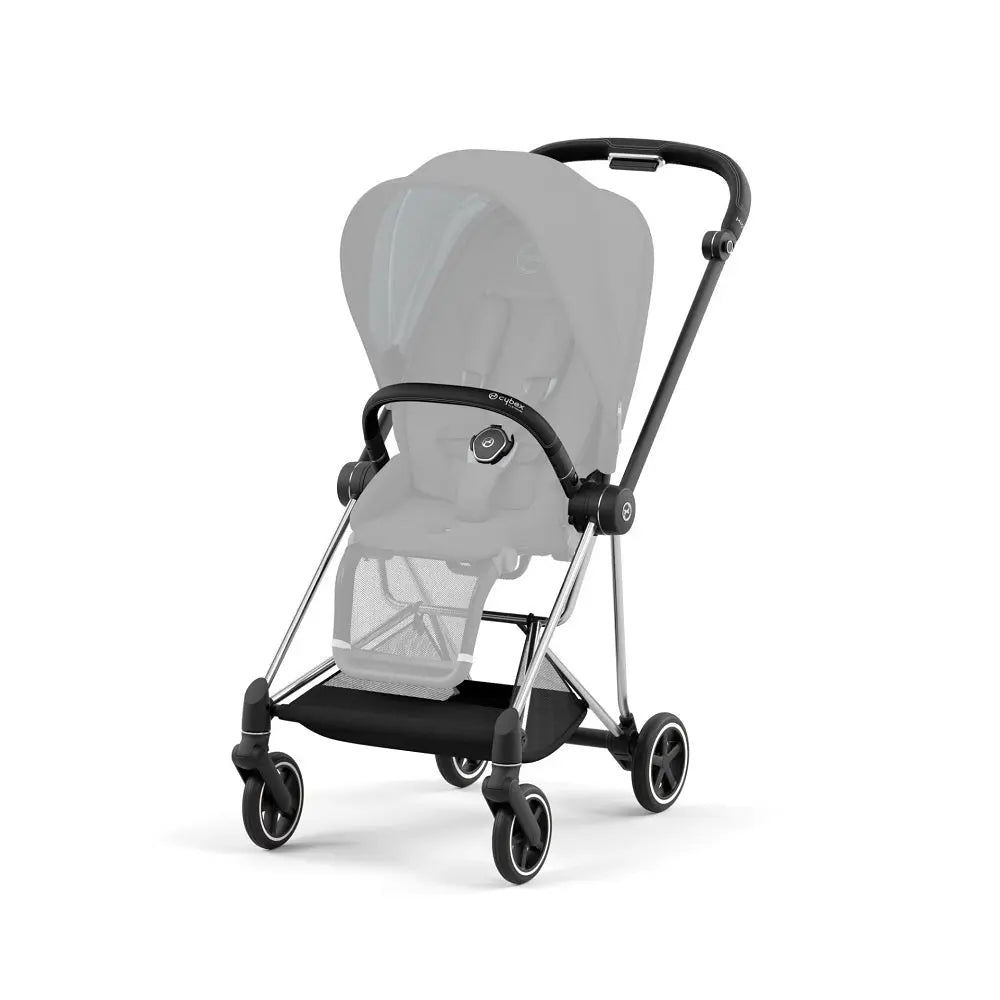 CYBEX Mios 3 stroller frame with alloy chassis, black frame, gray canopy, ready for seat attachment.
