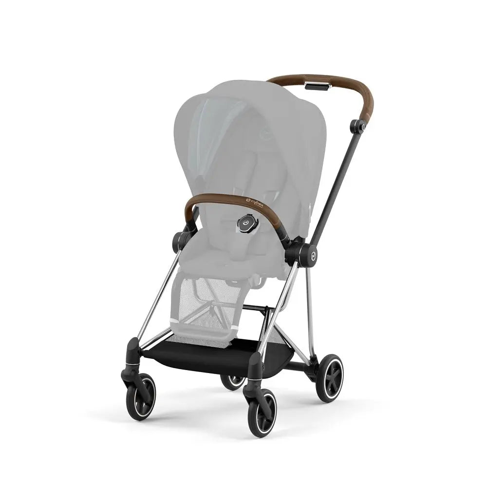CYBEX Mios 3 Stroller Frame with brown faux-leather handle and gray seat fabric, ready to roll.
