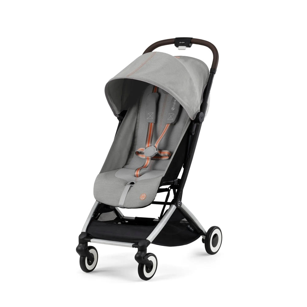 Cybex Orfeo stroller in gray fabric with orange accents, sun canopy extended, ready to roll on its wheels