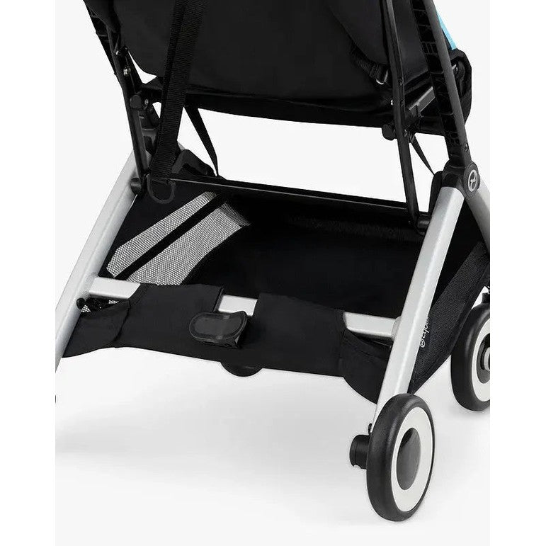 Cybex Orfeo Stroller in black with silver frame, showing undercarriage storage mesh and footrest.