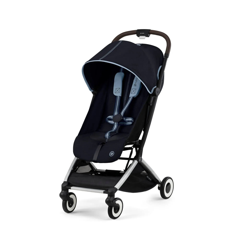 Cybex Orfeo Stroller in dark navy fabric with light blue trim, canopy extended over the seat.