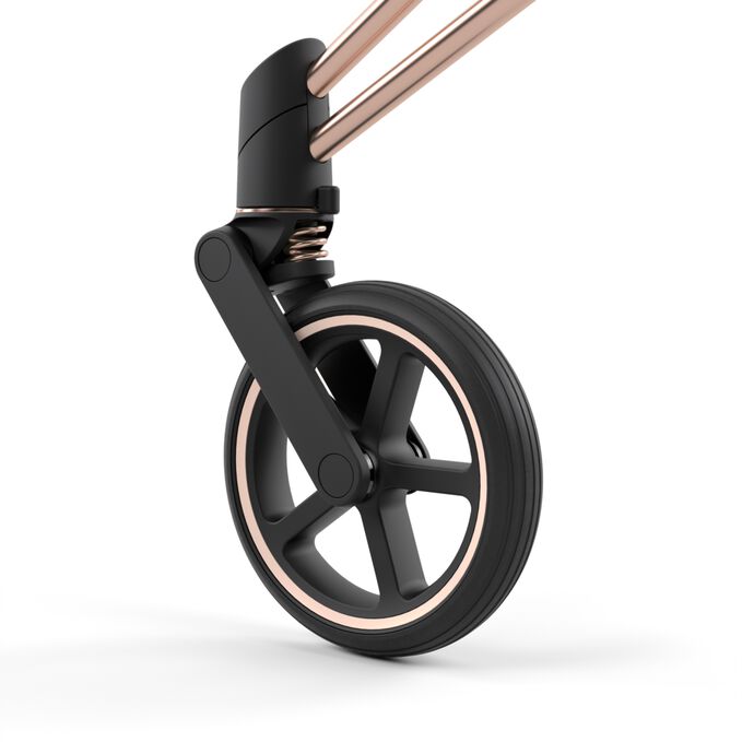 Close-up of the Cybex Platinum Priam 4 stroller rose gold frame joint and front wheel.