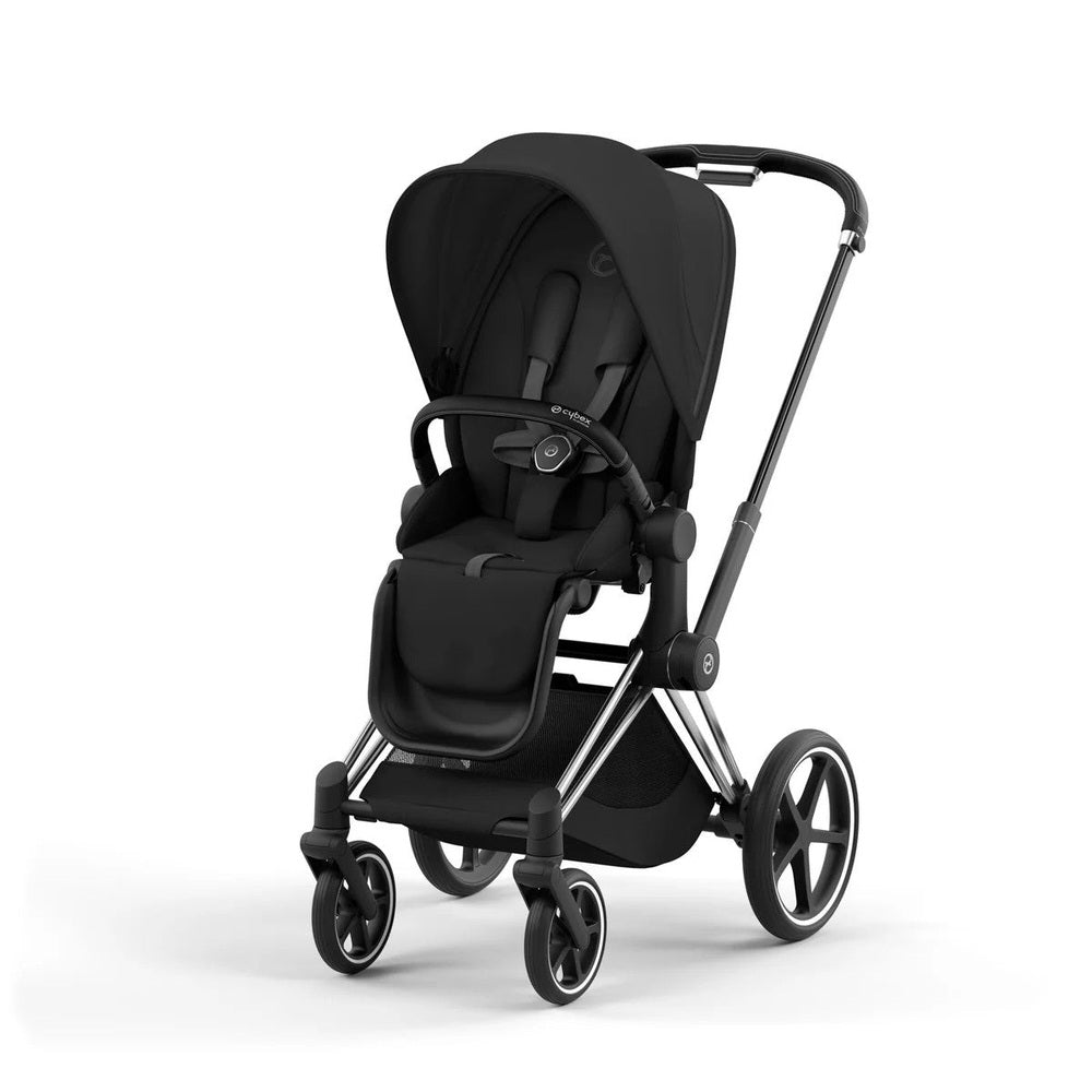 Cybex Priam 4 stroller with chrome-black frame and deep black seat pack