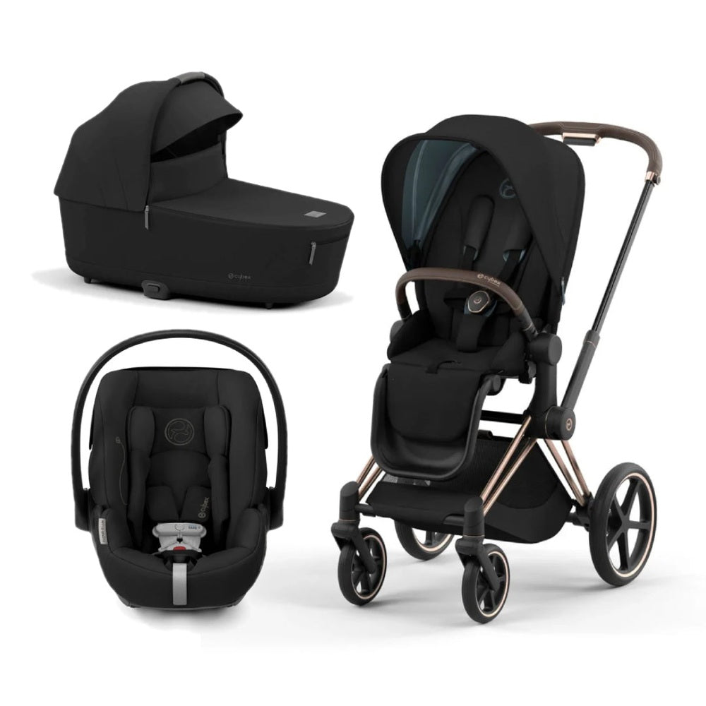 CYBEX Priam 4 Stroller Rose Gold/Sepia Black with Lux Carry Cot and Cloud G seat, three-piece travel bundle.