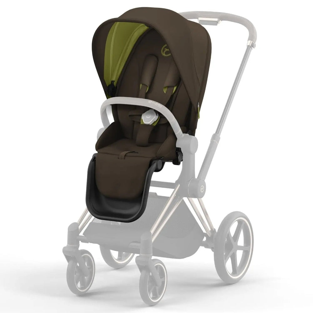 Cybex Priam4/EP Seat Pack stroller seat accessory, brown with lime-green lining, mounted on a Priam4 frame.
