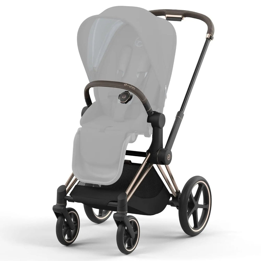 Cybex Priam4 stroller frame in gray canopy with brown handle, shown with large wheels ready for use