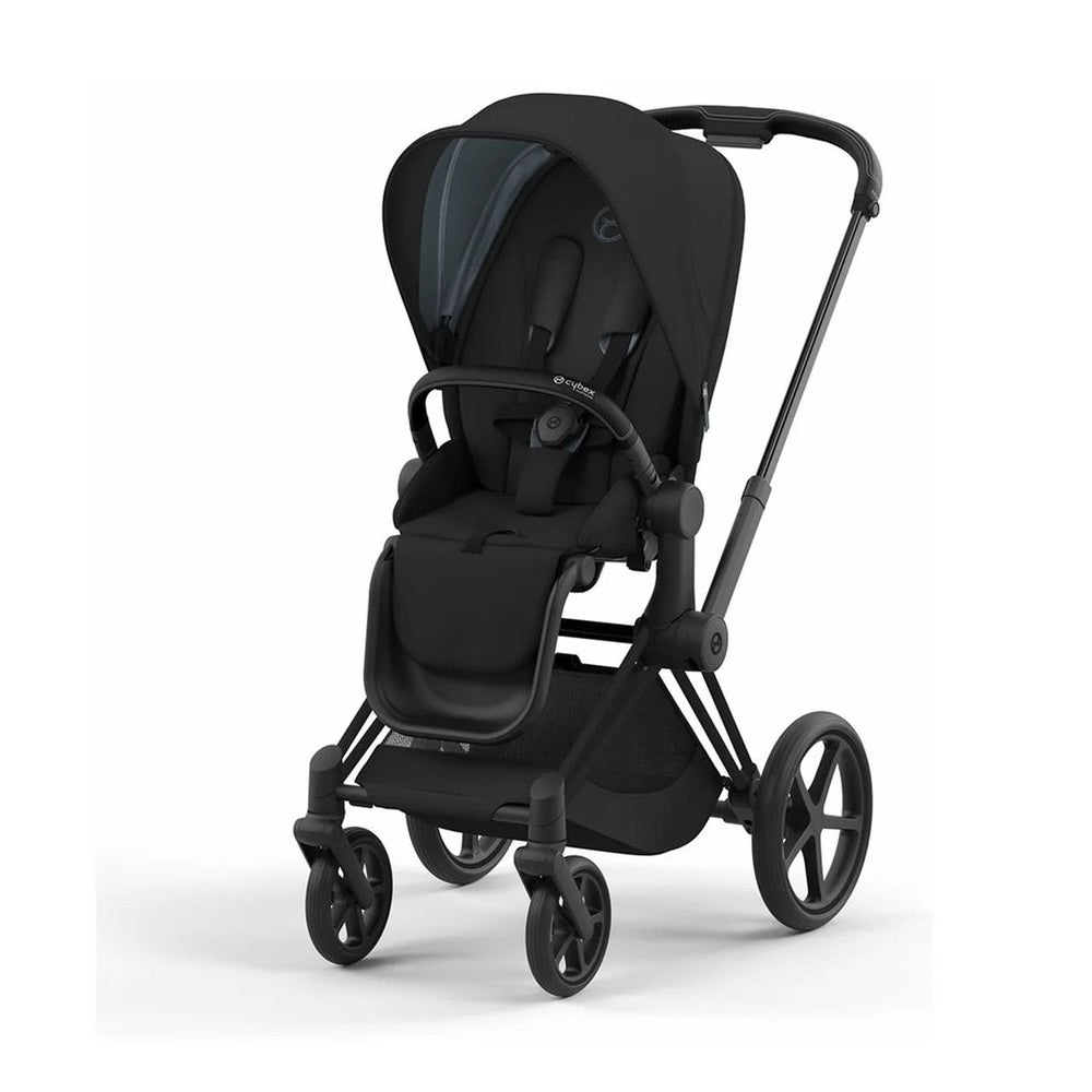 CYBEX Priam4 Stroller One Box in black with a wide canopy and adjustable handlebar on a 4-wheel frame.