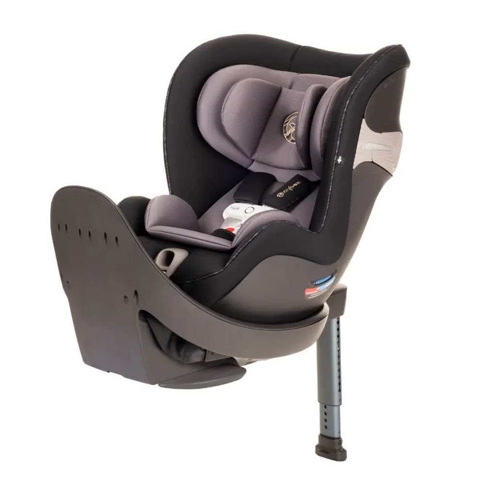 Cybex Sirona S 360 rotating convertible car seat in black with gray padding, showing 360° rotation on its base.