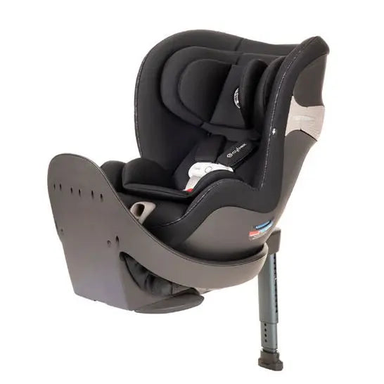 Cybex Sirona S 360 rotating convertible car seat in black/gray, shown rotated on its base with extended leg support.
