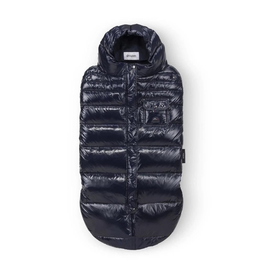 Cybex Winter Footmuff navy padded puffer for strollers, with hood and front pocket visible.