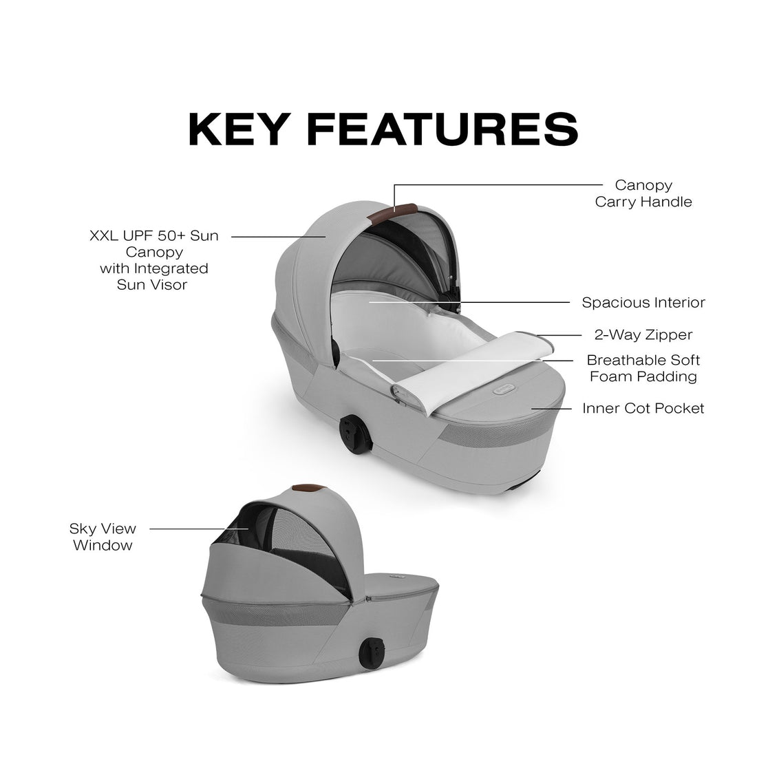Stone Grey Cybex Balios Fold Cot feature diagram labeling the canopy, padding, pocket, zipper and sky-view window