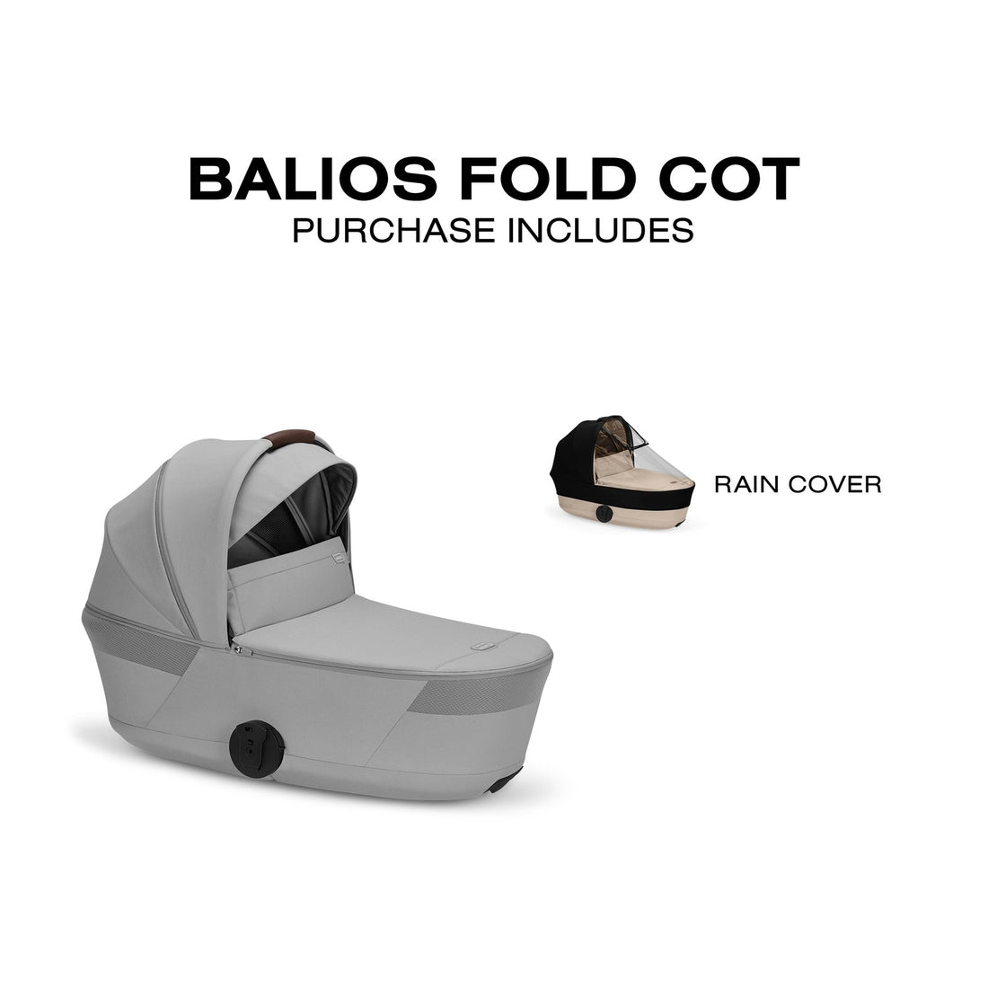 Stone Grey Cybex Balios Fold Cot and included rain cover displayed together on a white background
