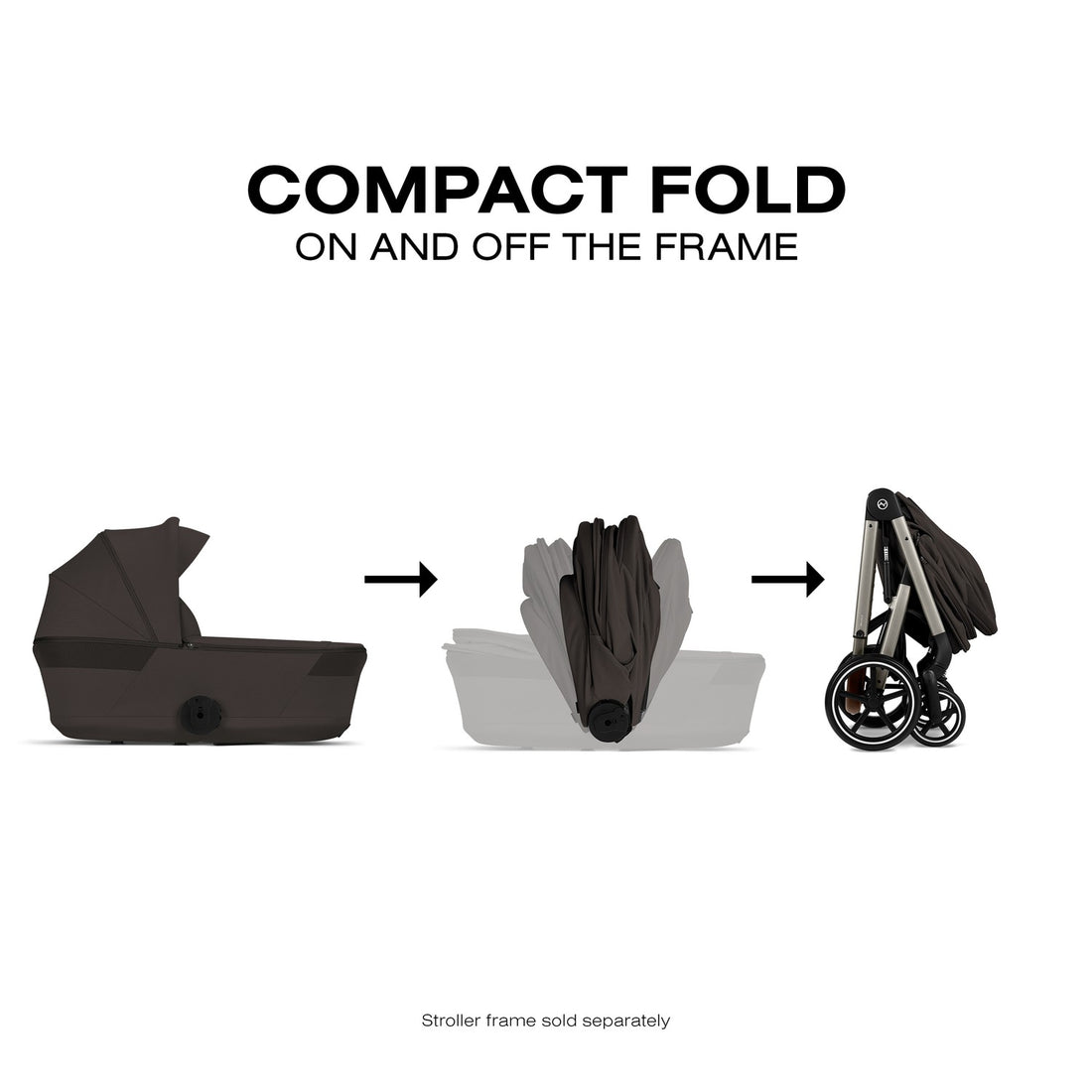 Chocolate Brown Cybex Balios Fold Cot illustrated folding off the frame and together with the stroller
