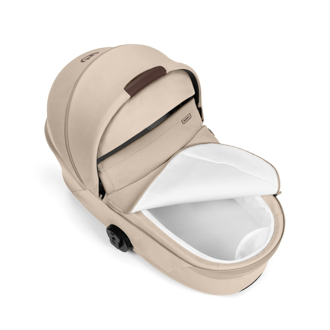 Almond Beige Cybex Balios Fold Cot angled overhead view of the open canopy and soft white interior