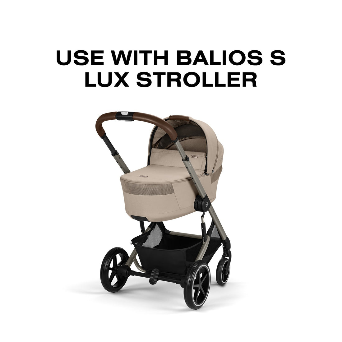 Almond Beige Cybex Balios Fold Cot installed on the Balios S Lux stroller frame in studio