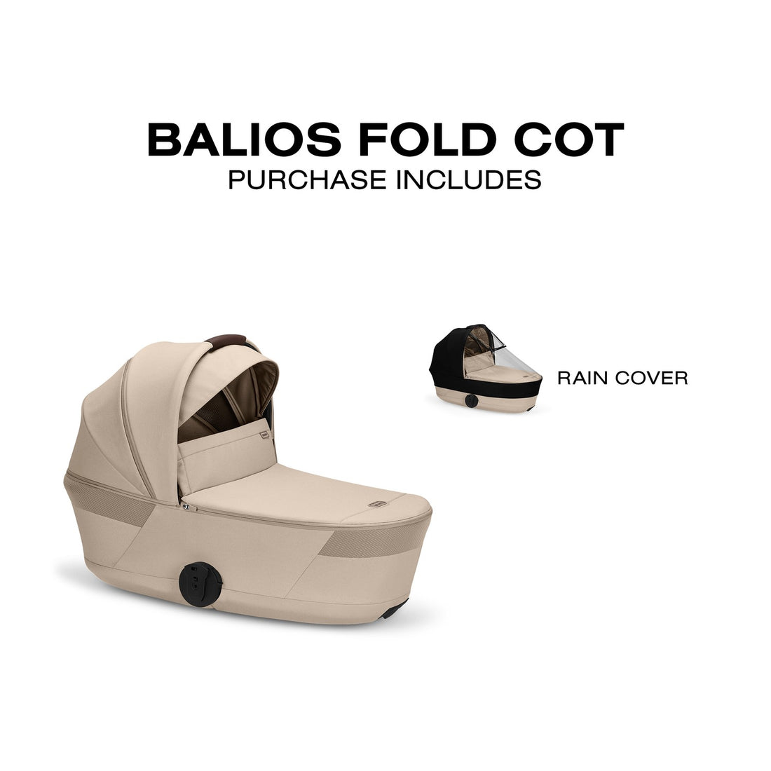 Almond Beige Cybex Balios Fold Cot shown with the included transparent rain cover