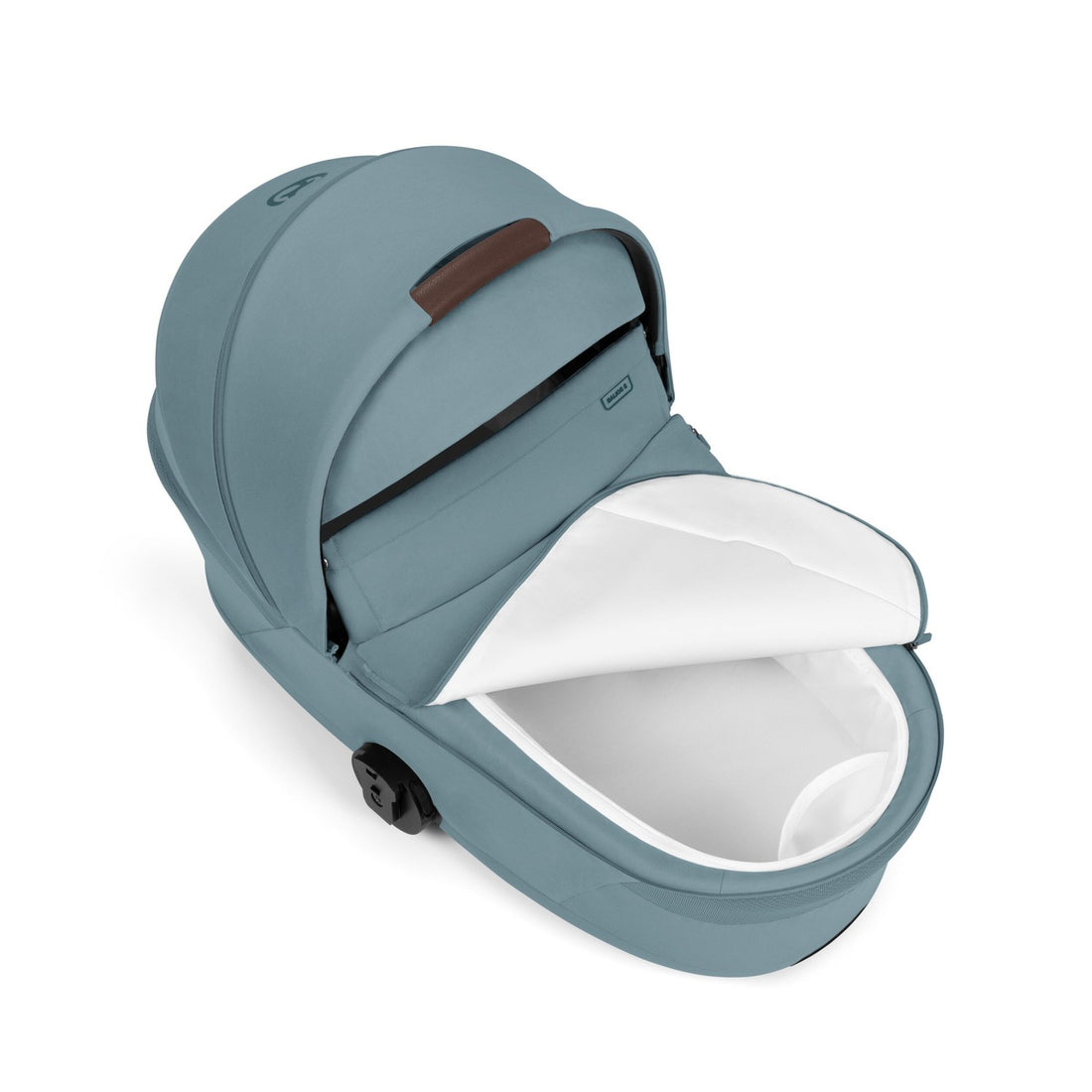 Stormy Blue Cybex Balios Fold Cot open overhead with white mattress and brown canopy handle visible