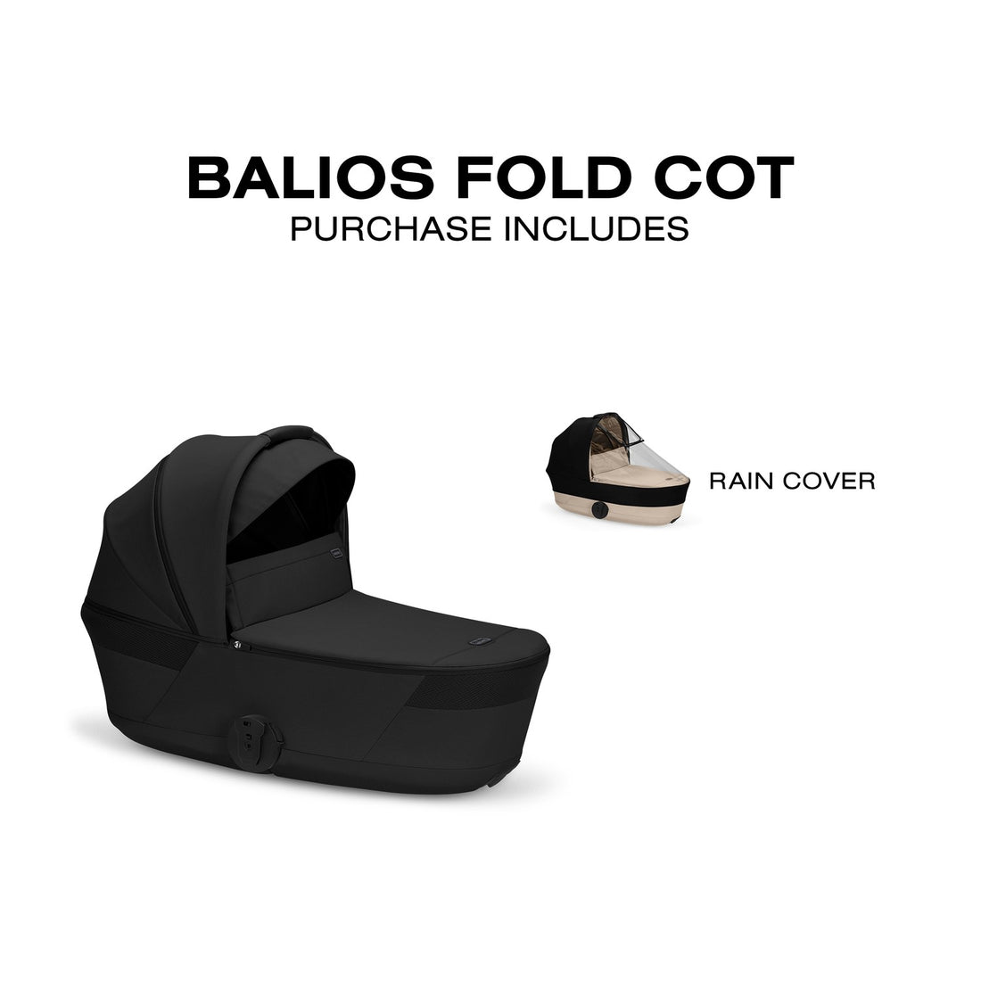 Moon Black Cybex Balios Fold Cot purchase-includes graphic with its rain cover on the right