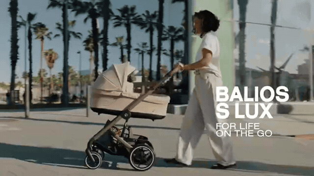 Cybex Balios Fold Cot lifestyle GIF showing city strolling and compact folding