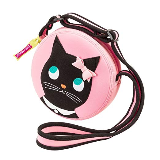 Dabbawalla crossbody bag round pink with black cat face and pink bow, adjustable strap