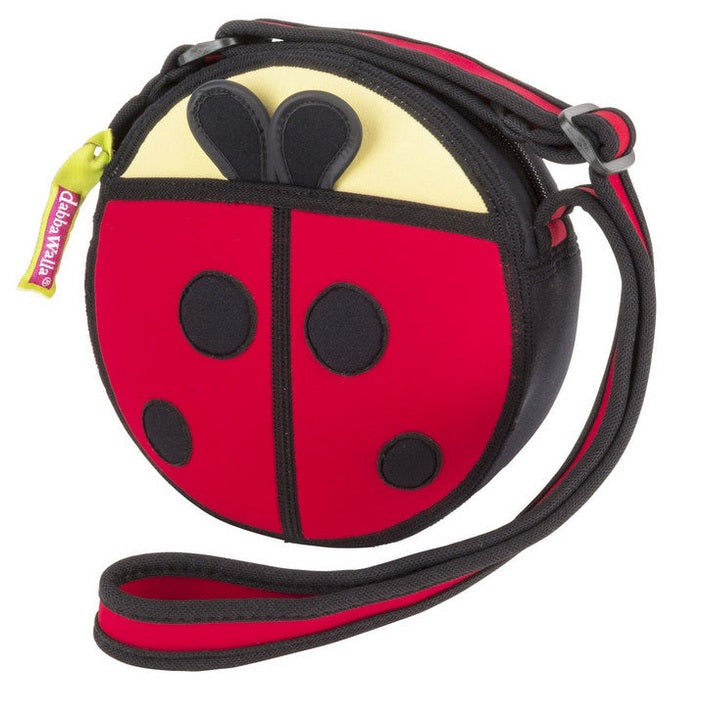 Dabbawalla crossbody bag in red ladybug design with black spots and yellow head, adjustable strap