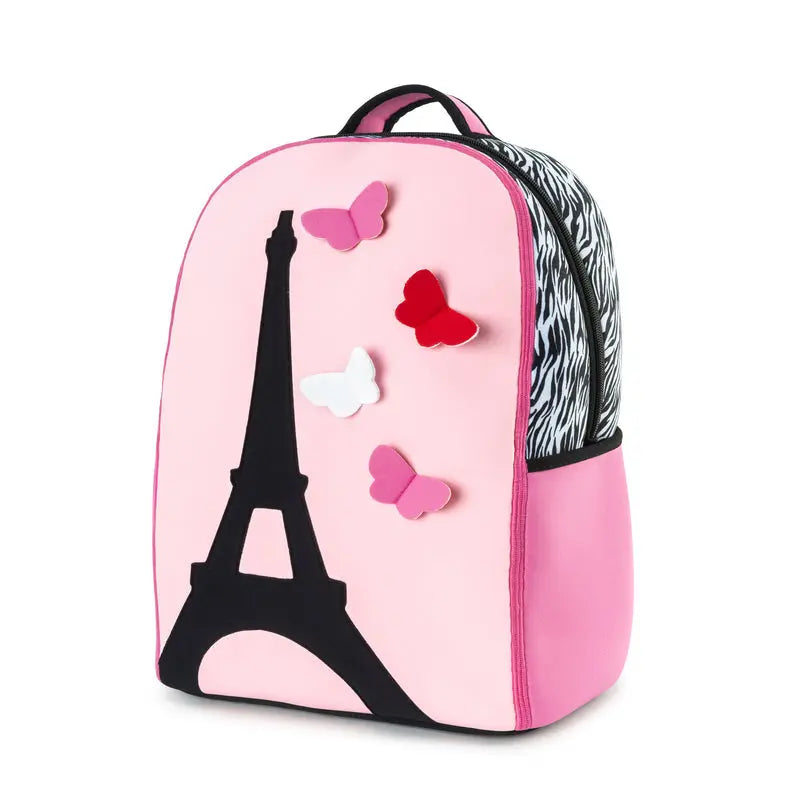 Dabbawalla Elementary School Backpack in pink with Eiffel Tower silhouette and butterfly appliqués, zebra‑print sides.