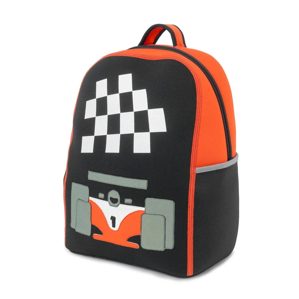 Dabbawalla Elementary School Backpack, black with orange sides, front shows a checkered flag and race car graphic.