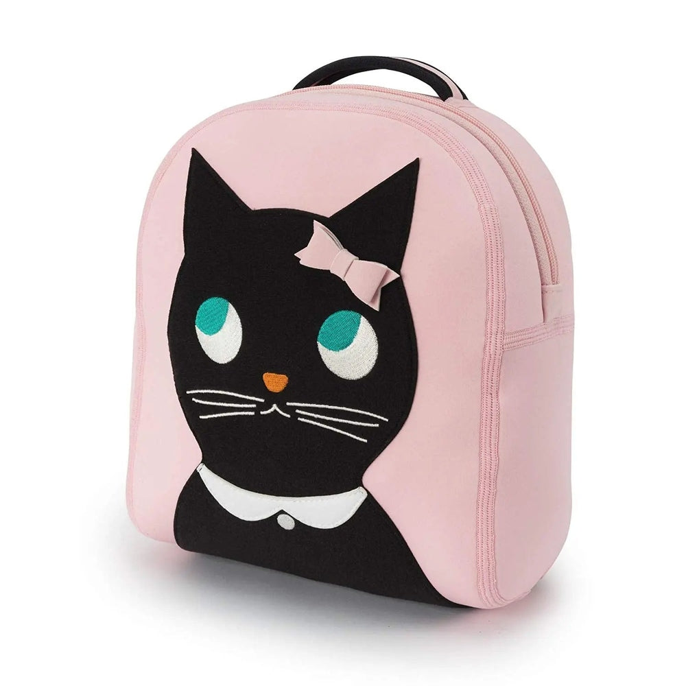 Dabbawalla Harness Backpack in pink with a black cat head applique and pink bow, top-handle kid’s bag.