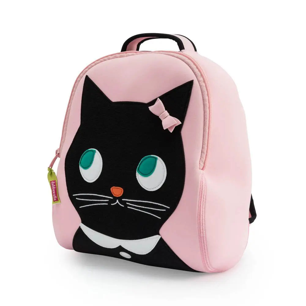 Dabbawalla Harness Backpack pink with black cat face and bow; kid-friendly design with top handle.
