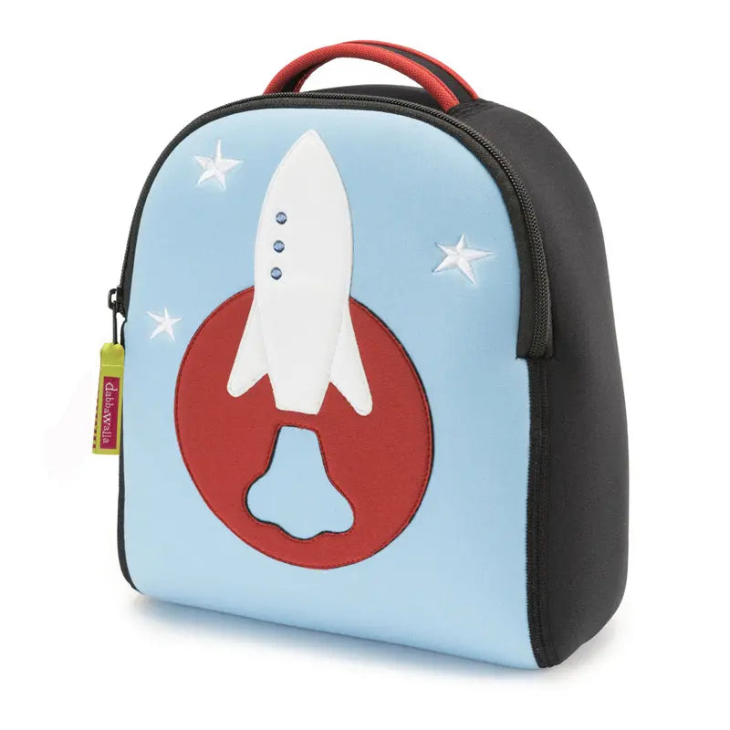 Dabbawalla Harness Backpack blue kid's backpack featuring a white rocket graphic, red top handle, black sides.