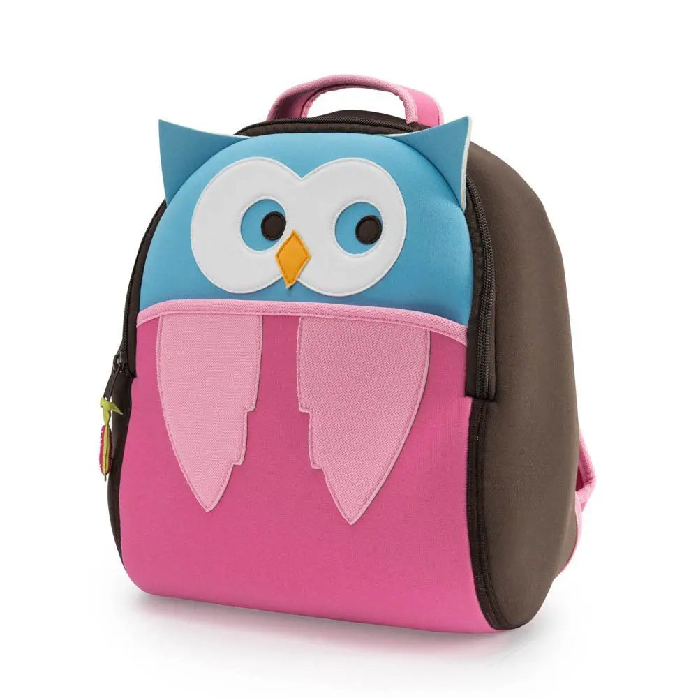 Dabbawalla Harness Backpack for kids in pink with blue owl face and brown sides, with top carry handle.