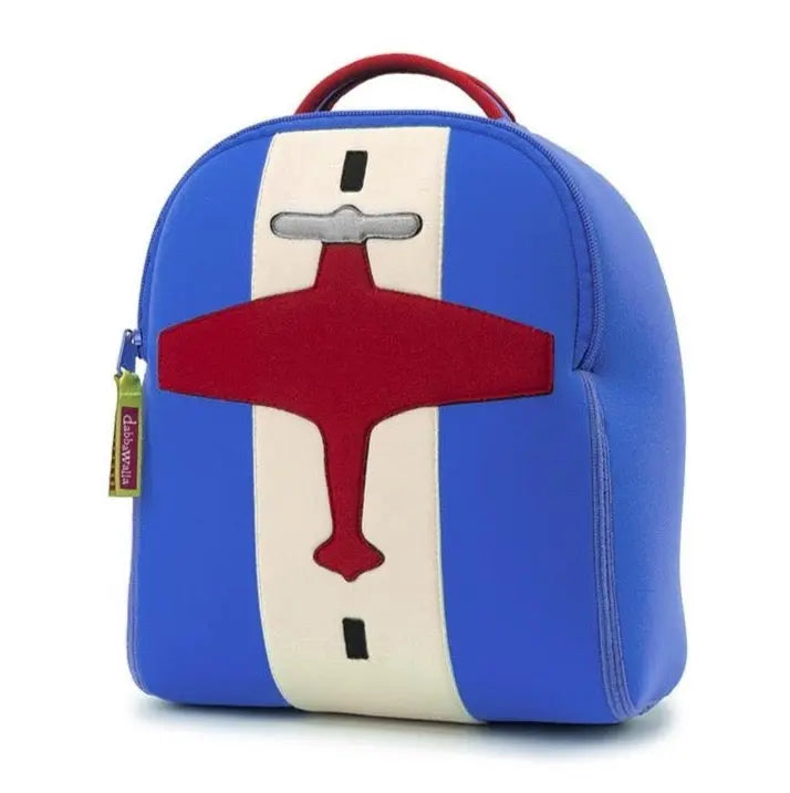 Dabbawalla Harness Backpack blue with white stripe and red airplane motif; zipper closed, kid-friendly bag.