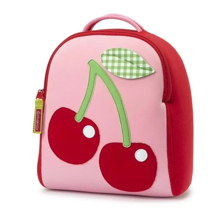 Dabbawalla Harness Backpack cherry graphic on pink panel with red trim; child-size tote with top handle.