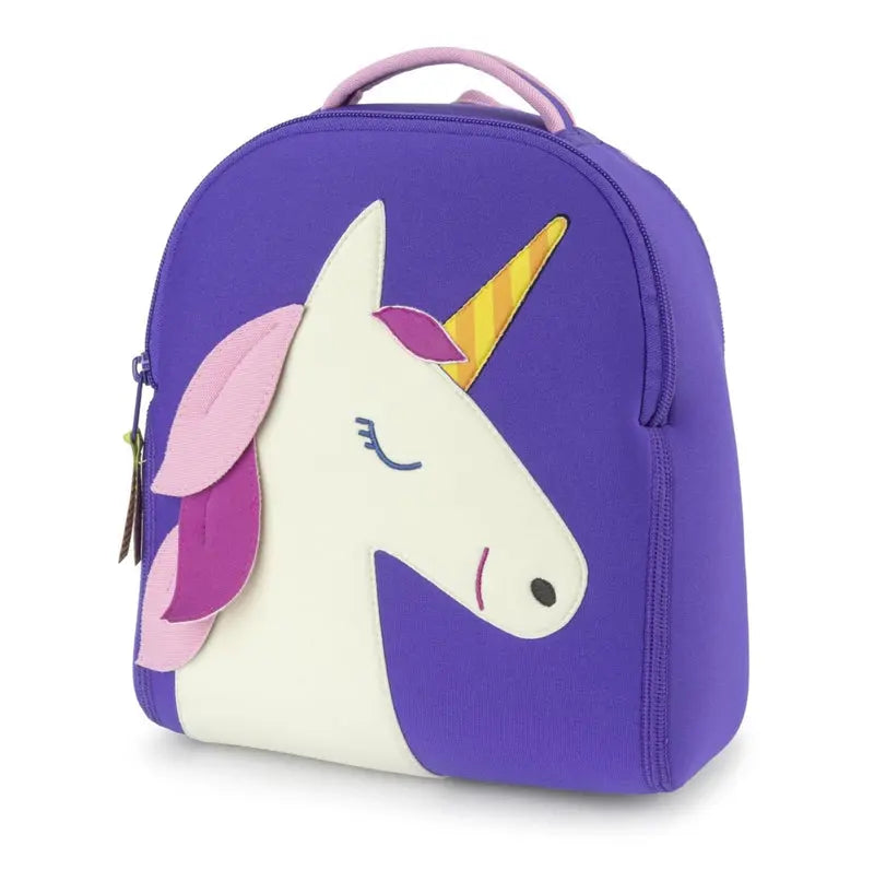 Dabbawalla Harness Backpack unicorn design in purple with pink mane, kid-sized pack held by top handle