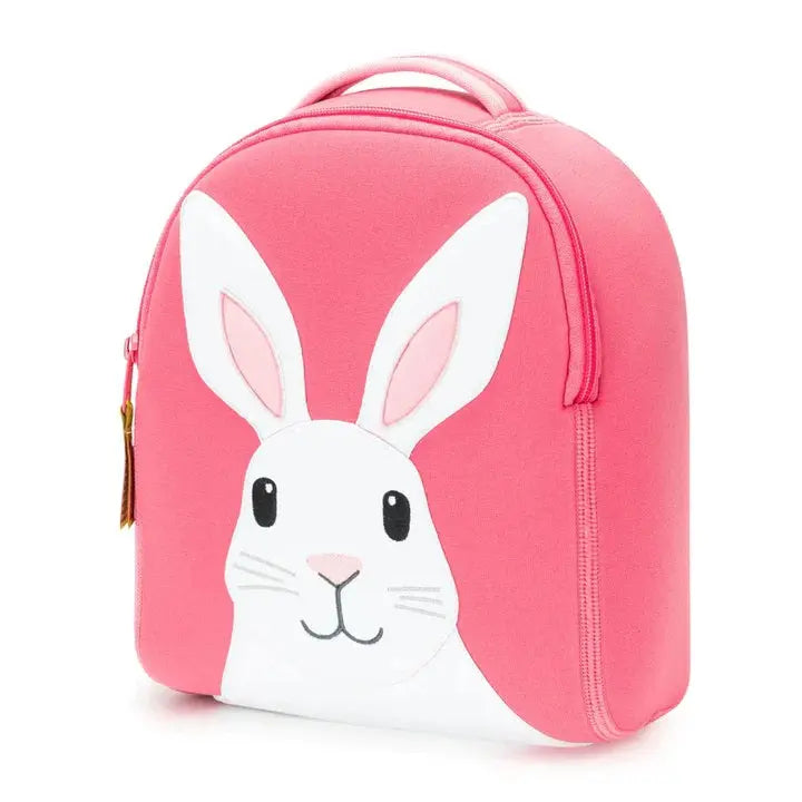 Dabbawalla Harness Backpack pink with white bunny face; kid-friendly with top handle and zip closure.