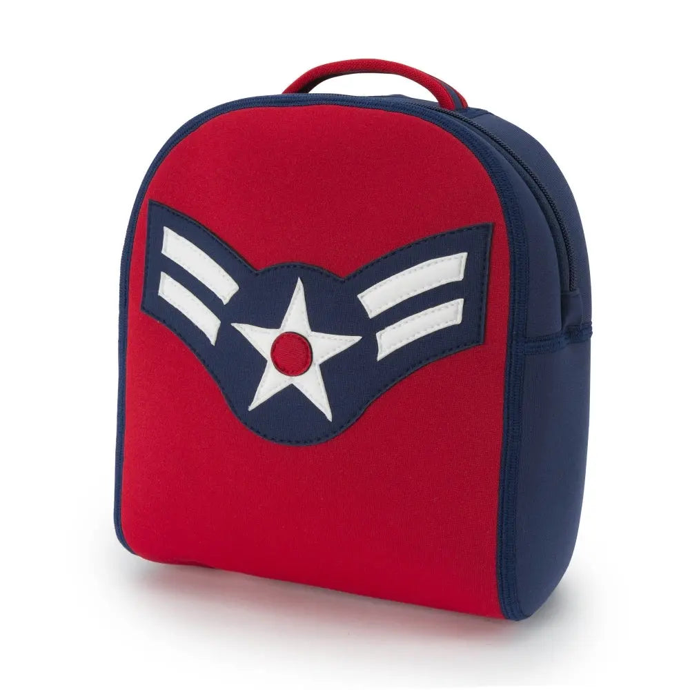 Dabbawalla Harness Backpack red with navy sides and white star emblem, featuring a top carry handle.