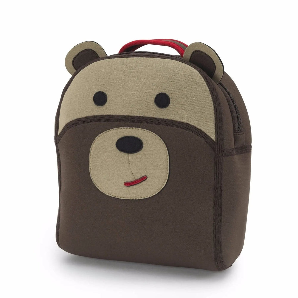 Dabbawalla Harness Backpack in brown with beige bear face and red handle, kid-friendly design.