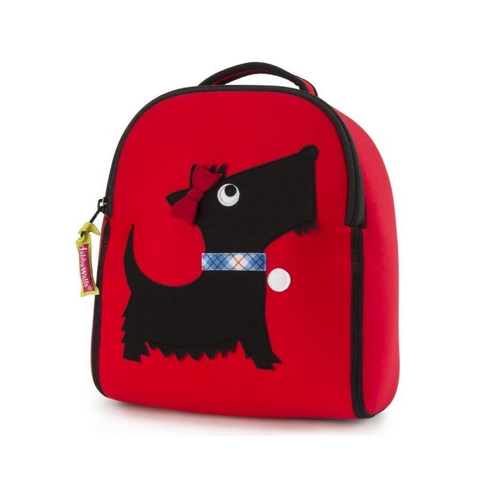 Dabbawalla Bonnie Scottie harness backpack, red with black dog silhouette and blue plaid collar