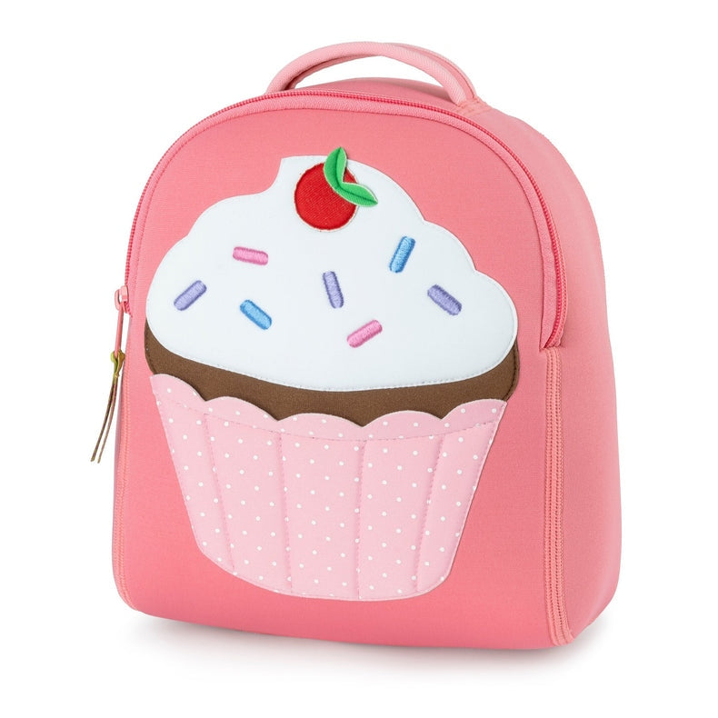 Dabbawalla cupcake harness backpack in pink with white frosting, sprinkles, and cherry accent