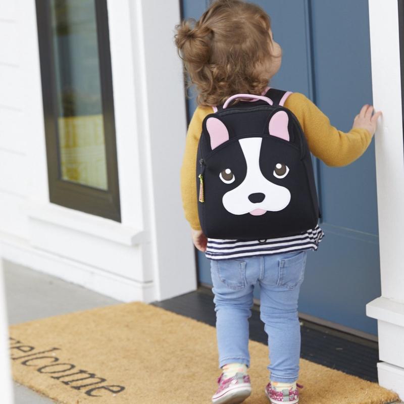 Dabbawalla Harness Backpack French Bulldog, black with pink ears, child-size
